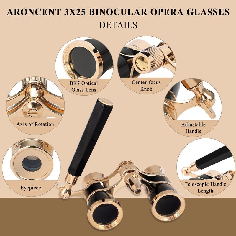 Aroncent Opera Glasses Binoculars 3X25 Compact with Adjustable Handle Theater Glasses, Mini Binocular for Adults Men Women in Opera Musical Concert(Black) - Image 2